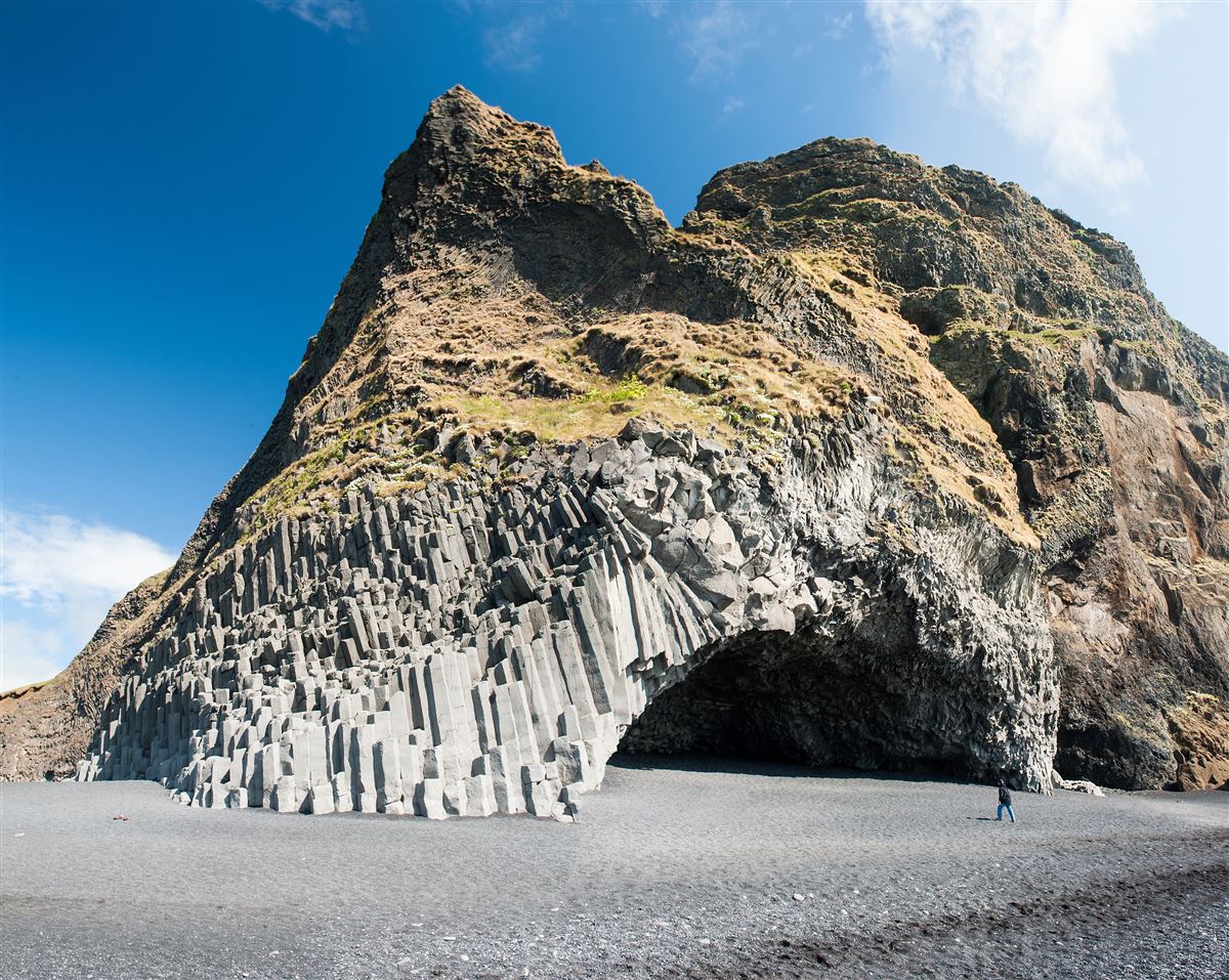 Reynisfjara Columni Basalts in South Coast in Iceland Black Sand Beach